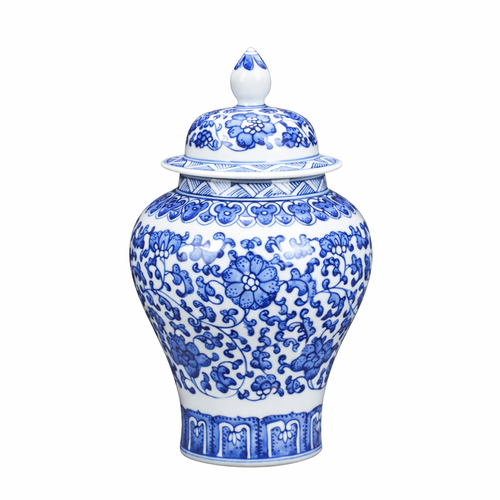 אגרטל חרסינה כחול לבן עם מכסה בעיצוב קלאסי יוקרתי לבית