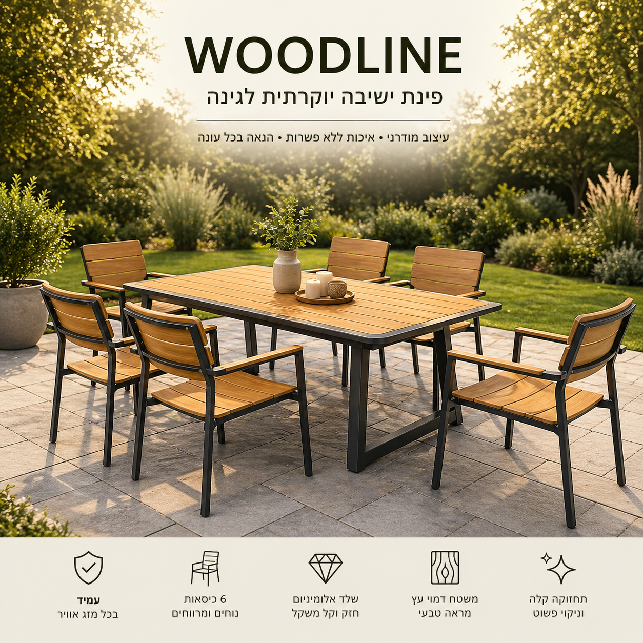 פינת ישיבה לגינה "WoodLine" - אלומיניום משולב דמוי עץ