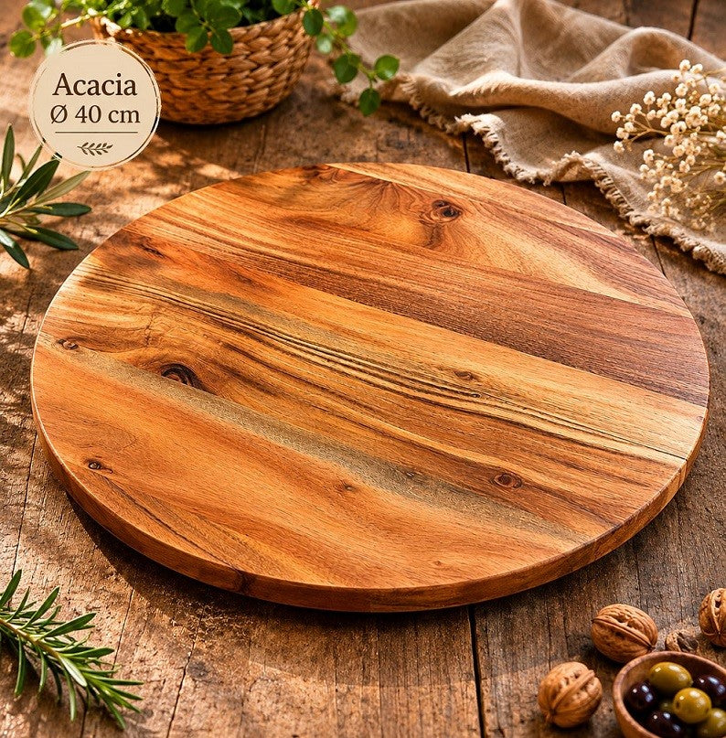 מגש/פלטת הגשה עגולה מעץ שיטה (Acacia) בקוטר 40 ס"מ