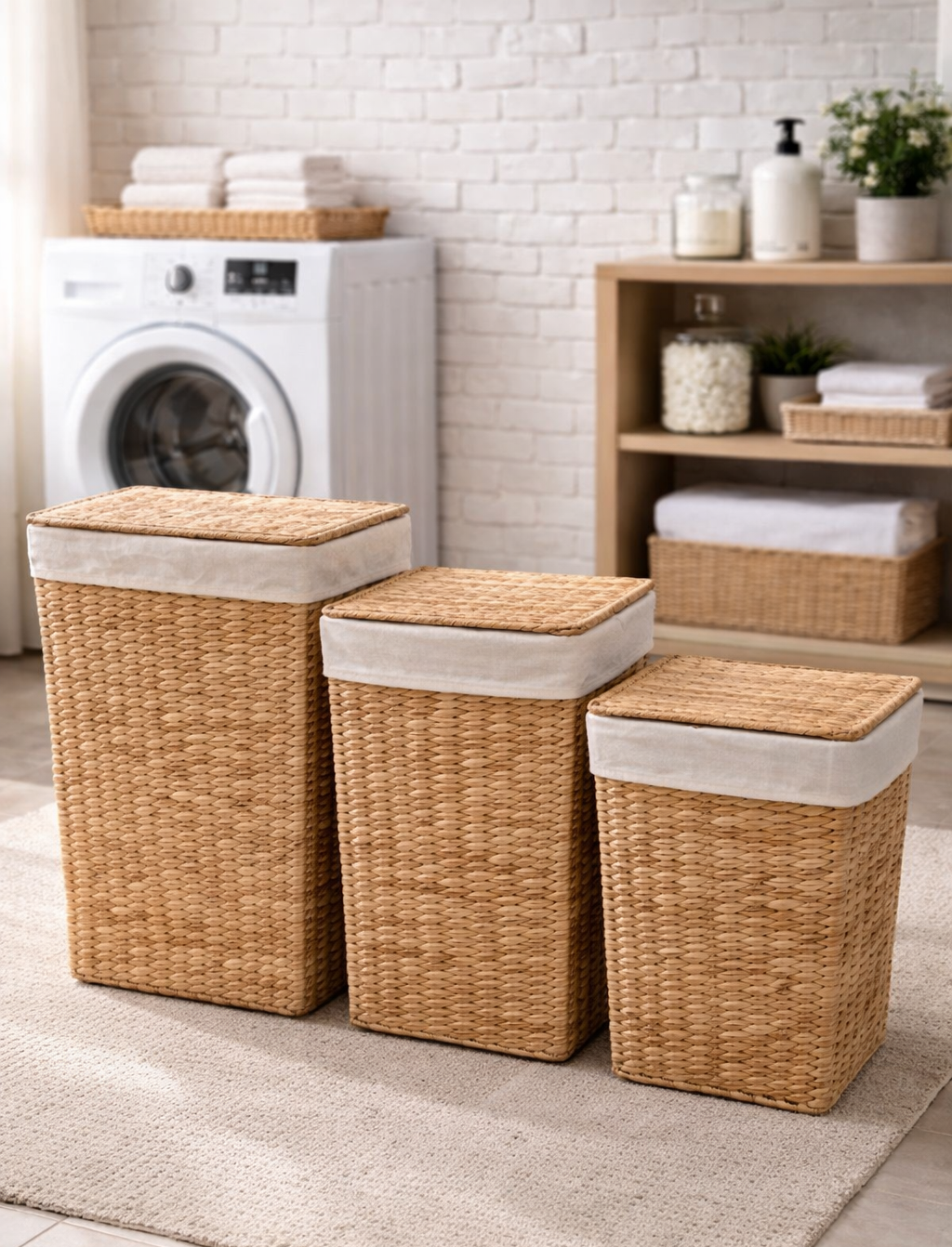 סט 3 סלי כביסה מקש משולב בד עם מכסה קש