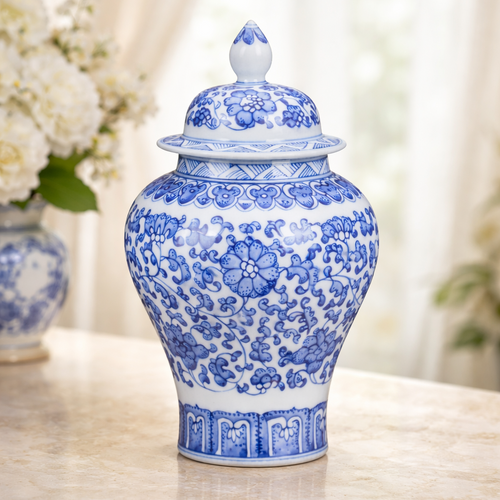 אגרטל עם מכסה סיני חרסינה כחול לבן מכסה בעיצוב קלאסי יוקרתי לבית