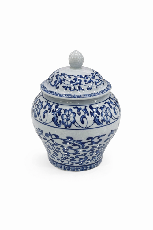 אגרטל חרסינה כחול לבן עם מכסה בעיצוב קלאסי יוקרתי לבית